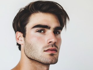 Fototapeta premium Close-up of a young man with a serious expression, styled dark hair, and strong facial features against a plain white background. 