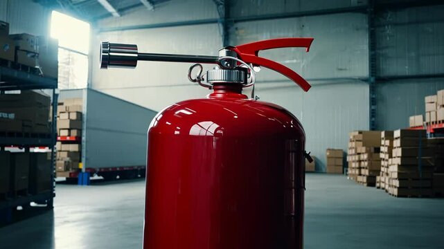 Camera movement and effects: 360-degree video, four-point lighting, establishing scene, side view of a rotating fire extinguisher in an industrial warehouse