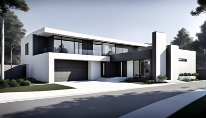 modern real estate residential house using clean lines and geometric forms in a monochromatic color palette of grey, black, and white