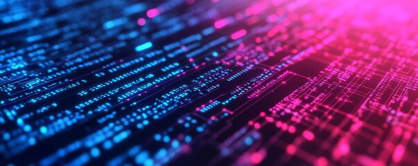 Blockchain innovation, hologram display, neon threads, abstract tech