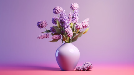 Obraz premium Bouquet of spring flowers in a vase on a purple background purple and white flower in a vase on a pink background with a blurred pink bokeh effect.