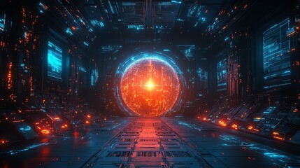 Obraz premium Futuristic AI-Powered Quantum Computing Lab with Glowing Geometrical Decor