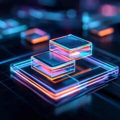 Blockchain innovation, hologram grid, tech ambiance, neon highlights