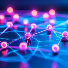 Blockchain innovation, holographic network, blue neon tones, tech scene