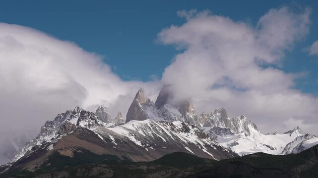 Clouds rolling over majestic Mount Fitz Roy - timelapse view from Mirador de los condores