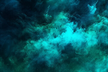 Blue green shiny glitter steam cloud blend on dark black abstract art background. Color mist. Ink water. Haze texture.
