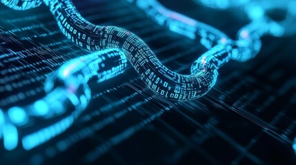 Blockchain tech, hologram threads, cyber-inspired digital background