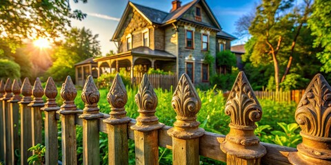 Naklejka premium Antique Wooden Fence on Historic House, Rustic Charm, Vintage Aesthetics, Architectural Detail, Weathered Wood, Heritage Home, Garden Setting, Country Living, Timeless Design, Classic Architecture