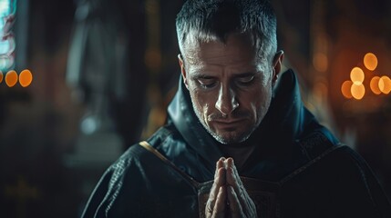 Priest in cassock praying on dark background, closeup