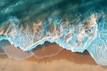 Fototapeta premium Aerial view of beautiful sandy beach with turquoise ocean waves, Aerial view capturing a beautiful sandy beach and ocean wave, taken by a drone