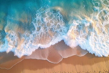 Fototapeta premium Aerial view of beautiful tropical beach with turquoise water. an aerial view of an ocean wave coming to the beach shore