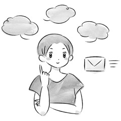 メールを受信するおしゃれな女性の水彩画ベクターイラスト（吹き出し付き）