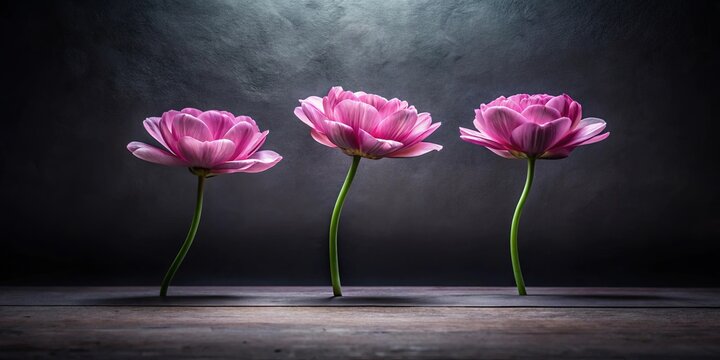 A trio of delicate pink blossoms, their petals unfurling gracefully, stand tall against a backdrop of deep charcoal, casting soft shadows on the rustic wooden surface beneath them.