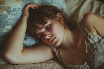 Naklejka premium Sad Woman Lying On Bed, Generative AI