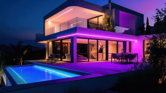 Modern villa with colored led lights at night.