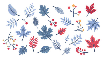 Christmas and New Year hand drawn doodle vector set with holly, mistletoe, fir branches, berries, snowflakes, Set of hand drawn winter plants. Vector illustration in flat style.