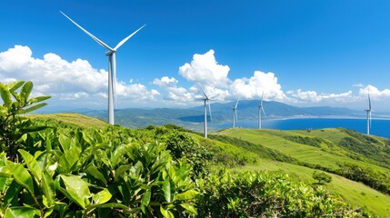 High-Tech Wind Turbines Amidst Lush Oceanfront Landscape
