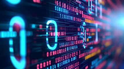 Obraz premium Holographic blockchain, cyber tech threads, vibrant neon lighting, futuristic scene