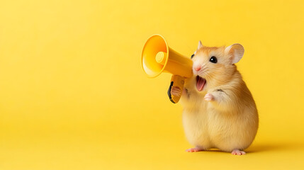 A cute and funny hamster holding a megaphone and announcing