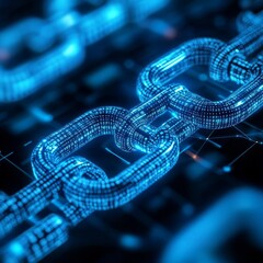 Holographic blockchain, digital network flow, sleek tech environment, blue highlights