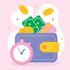 wallet with a stopwatch, money, and a credit card