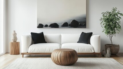 Photo realistic living room, white couch centerpiece, abstract minimalism, sleek round shapes, stone and wood elements, Japanese style painting, centered composition, wooden decor, modern monochrome