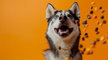 This exuberant husky eagerly catches treats falling from the air, displaying a big smile and bright blue eyes. The bold orange background enhances its joyful demeanor.