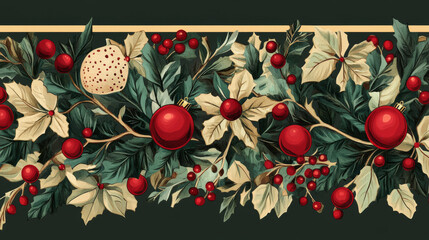 A seamless border design for Christmas created with a clipping mask, featuring festive elements like holly, ornaments, and snowflakes, designed to enhance holiday-themed graphics or backgrounds.




