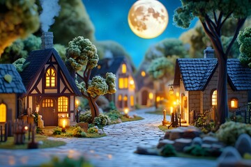 Fototapeta premium A dark and eerie fantasy village with the full moon shining in the sky, with neon light accents