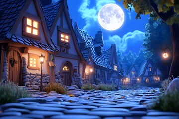 Obraz premium A dark and eerie fantasy village with the full moon shining in the sky, with neon light accents