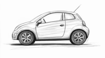 Obraz premium Pencil sketch of a small car, capturing its compact design and key features such as the wheels, windows, and body contours.