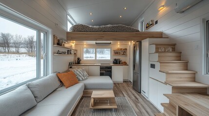 Obraz premium Tiny House on Wheels with Open-Concept Layout Offers Cozy,Modern Lifestyle