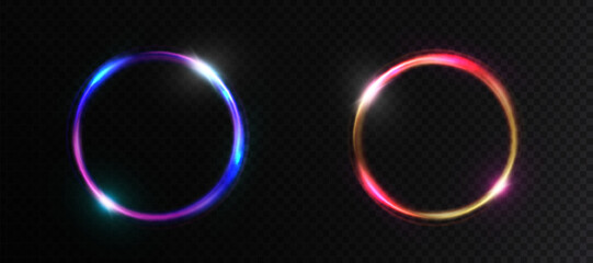 Bright colorful light ring with neon effect. Round frame light effect on black background. For web design and illustrations