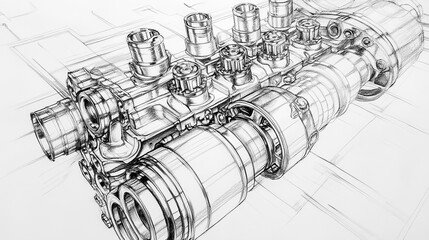 Pencil sketch of an internal combustion engine (ICE), featuring detailed components such as pistons, cylinders, and the crankshaft.