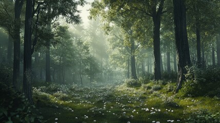 Obraz premium A dense forest in the early morning, sunlight filtering through the misty canopy. Tall trees with lush green leaves tower over a carpet of soft moss and scattered wildflowers.