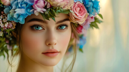 Naklejka premium Close-up portrait of a woman wearing a beautifully crafted flower crown on her head, featuring a combination of blue and pink flowers.