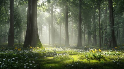 Obraz premium A dense forest in the early morning, sunlight filtering through the misty canopy. Tall trees with lush green leaves tower over a carpet of soft moss and scattered wildflowers.