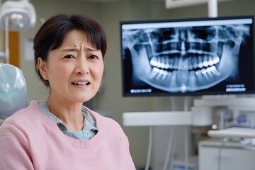 An Asian woman in her fifties, crying with an X-ray of her teeth on the screen behind her at a dental clinic