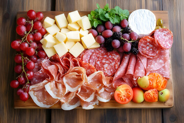 Top-down view of a beautifully arranged charcuterie board with a variety of cheeses, fruits, and meats on a rustic wooden table