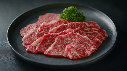 Fresh raw beef slices with a rich red color marbling