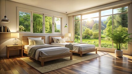 Fototapeta premium Sunlight Streaming Through Expansive Windows Illuminates a Room With Two Beds, Nightstands, and a Lush Greenery View