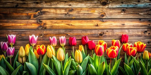 Cozy Tulip Border on Wooden Background for Spring Summer Atmosphere with Copyspace for Art and Design Projects