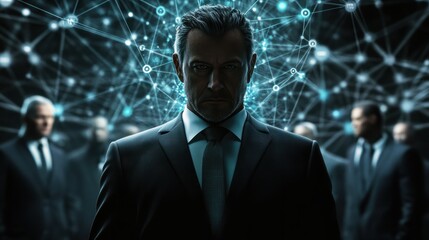 The Architect of Connections: A businessman orchestrates a network of professionals, symbolizing the power of leadership and strategic partnerships in the digital age.