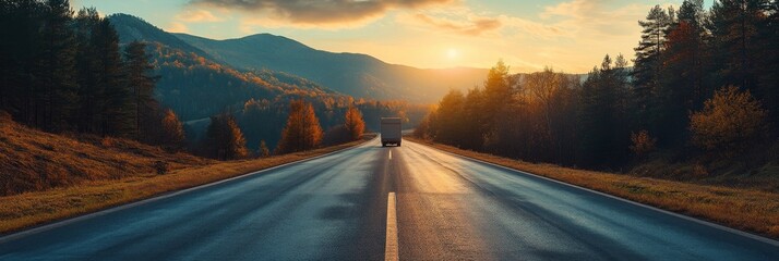 A truck drives down a scenic road through mountains at sunset, the road is empty and the scenery is beautiful.