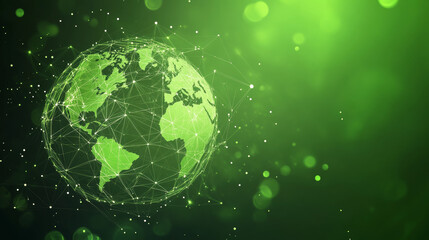 Fototapeta premium Planet map. Global social network. The future. Vector. Green futuristic backdrop with Earth. Technology and the internet. Floating green plexus geometric pattern.