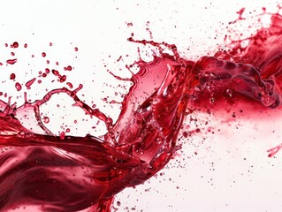 A striking splash of red wine bursts energetically against a white background, highlighting the rich color and dynamic movement of the liquid as it disperses.