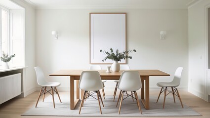 Scandinavian dining room interior design with poster frame