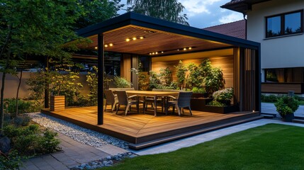 Fototapeta premium Design of Garden Furniture. An elegant backyard garden with a wooden porch, wall, and planters that are lit by contemporary LED lighting at night.