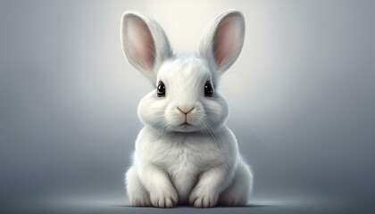Obraz premium A fluffy white rabbit sitting upright, with soft gray ears and a curious expression, its paw