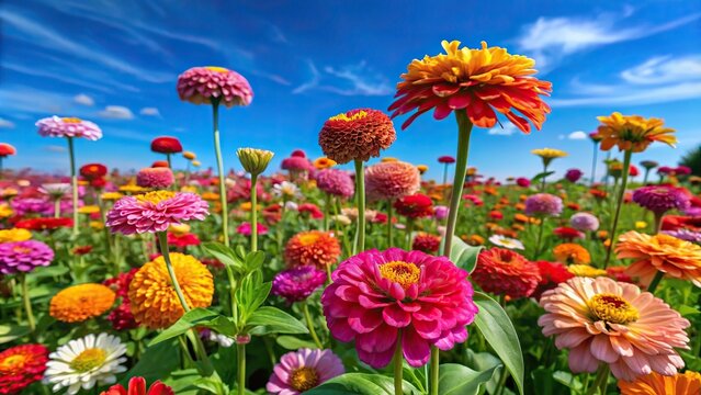 A vibrant field of multicolored zinnias blooming under a clear blue sky